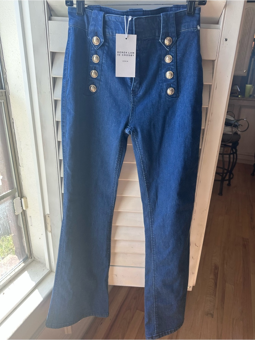 Derek Lam Dark Blue High-Rise Flare Jeans with Gold Buttons